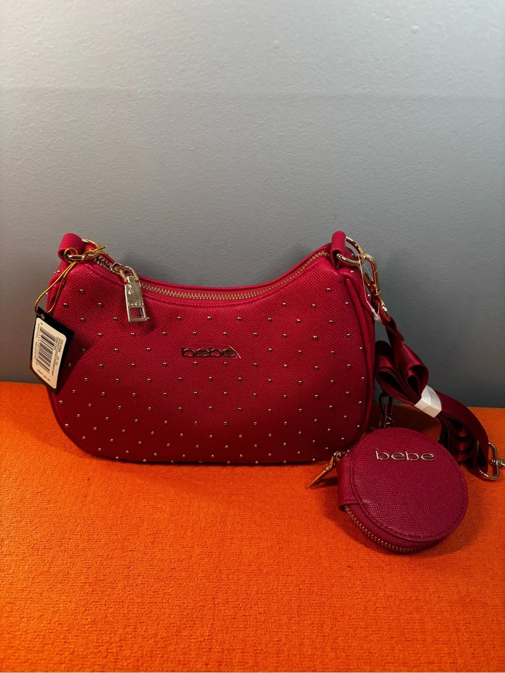 bebe Pink Studded Shoulder Bag with Coin Pouch